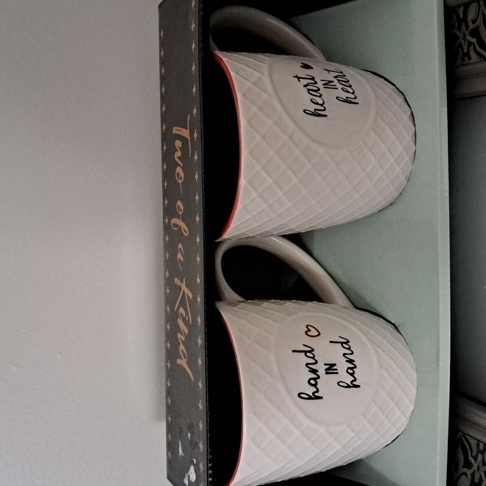 TWO of a KIND MUG SET waffle design ivory Red LOVE HEARTS COUPLES wedding gift